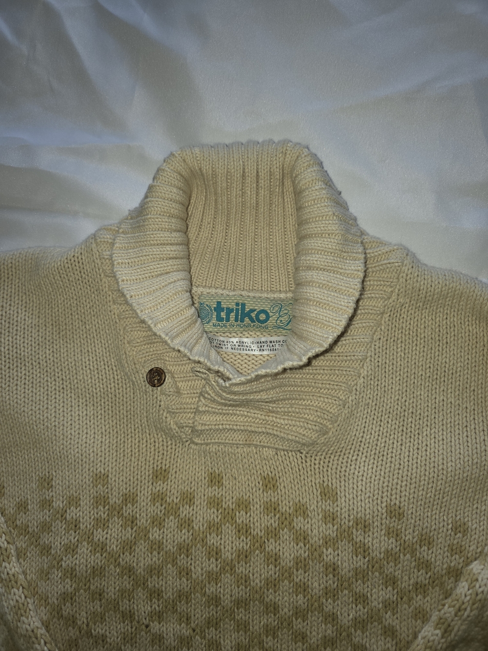 Cream Patterned Shawl-Collar Men's Sweater Size XL - Picture 2 of 4